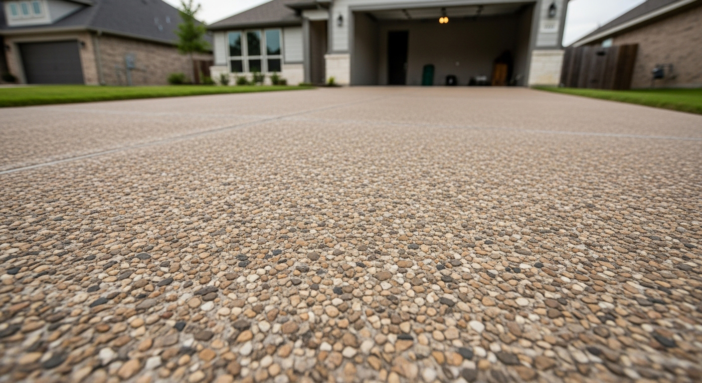 Durable concrete with decorative exposed stone.